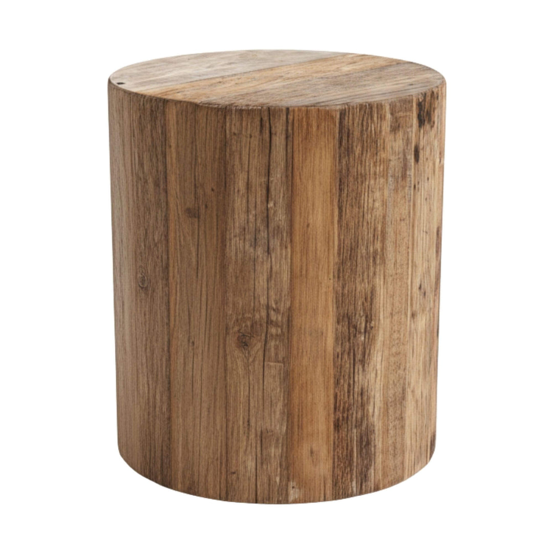 Front view of the round reclaimed wood Zarote Side Table.