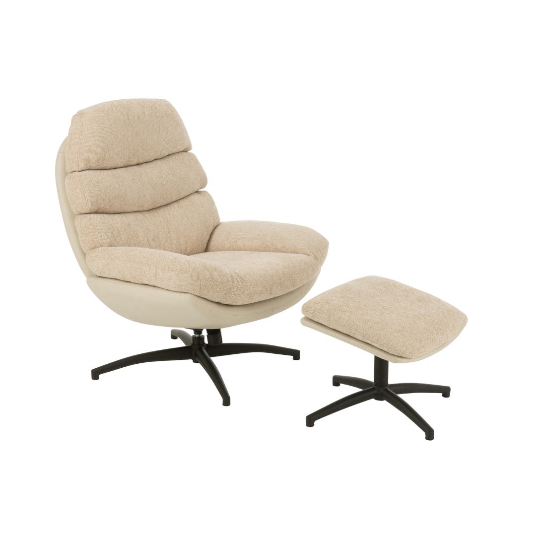 Zena lounge chair with matching footstool in beige fabric and black swivel base, front angle