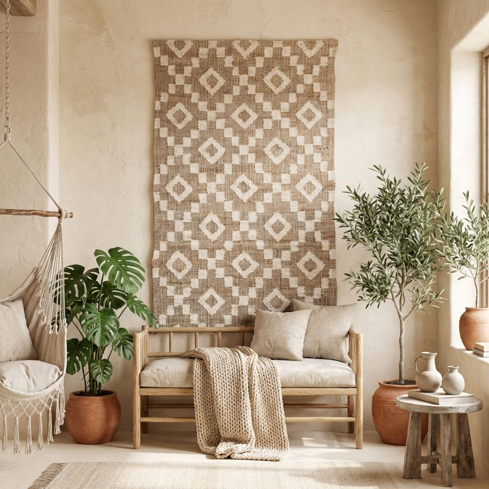 Cozy living room with a patterned Ziway tapestry, wooden chair, and plants.