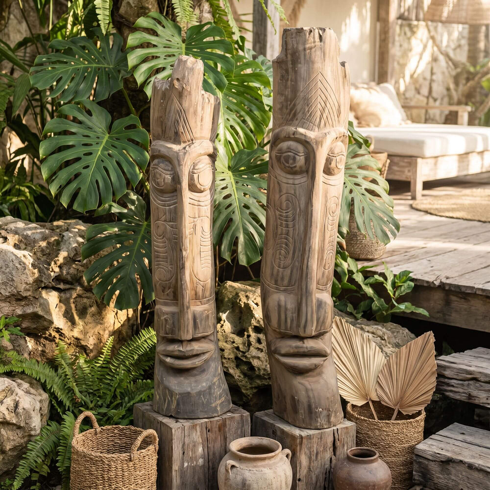 Styled outdoor-inspired setting featuring Zon wood sculptures among natural decor and greenery.