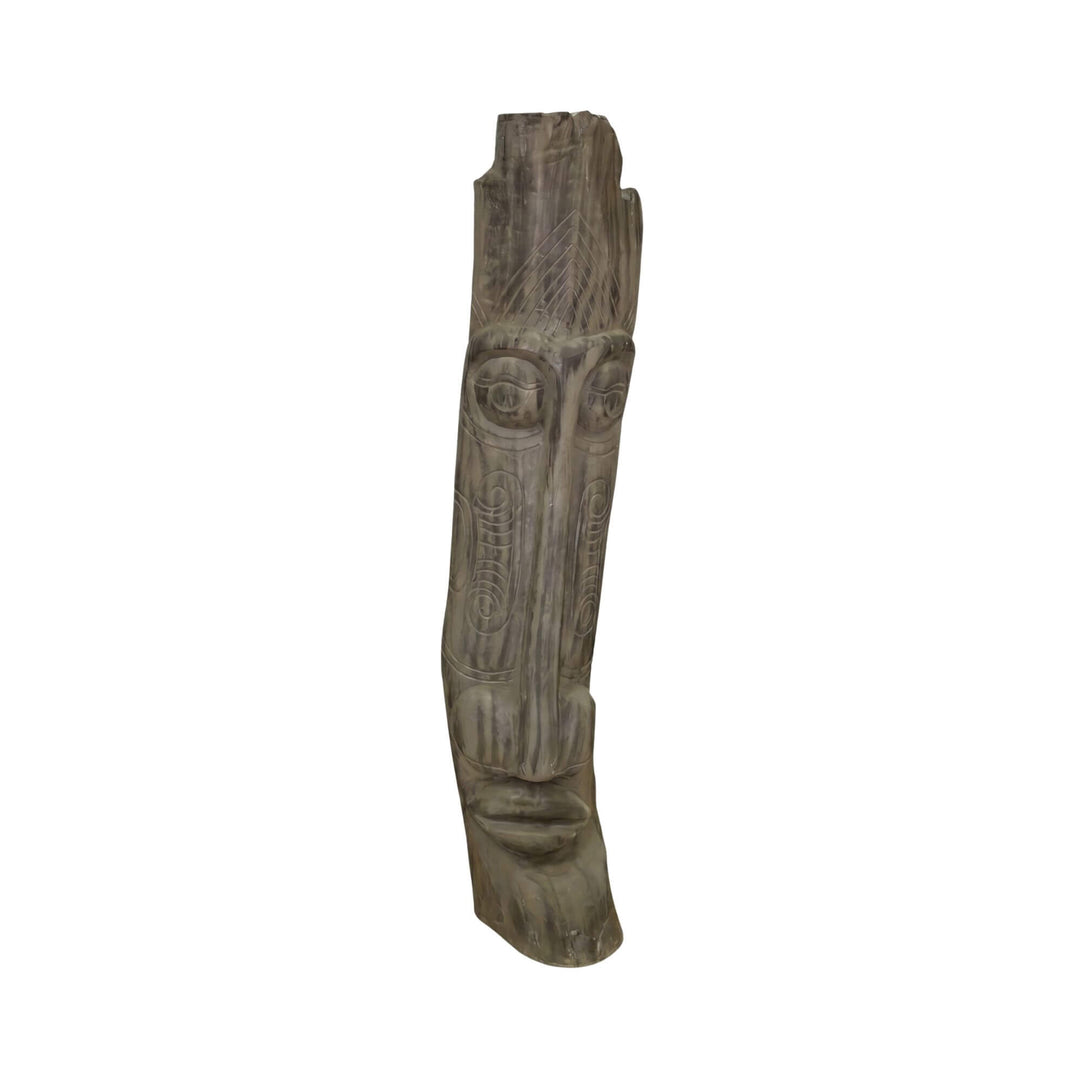 Front view of the sculpture highlighting its elongated silhouette and aged java wood finish.