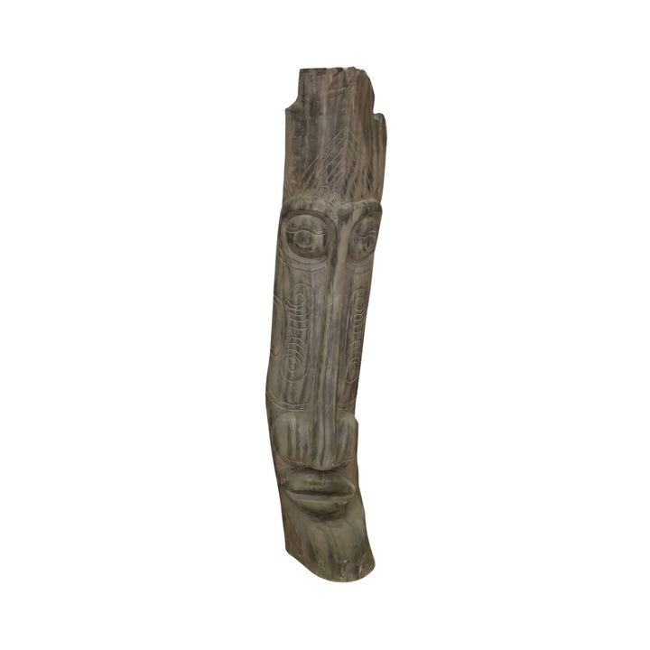 Front view of the sculpture highlighting its elongated silhouette and aged java wood finish.