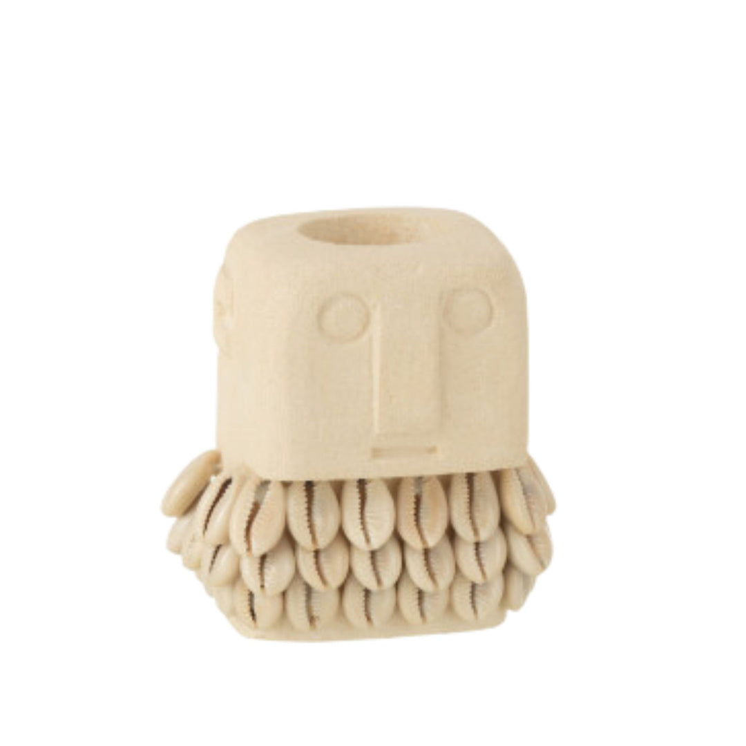 Front view of Zulito candle holder made of stone with natural seashell detailing in soft neutral tones.
