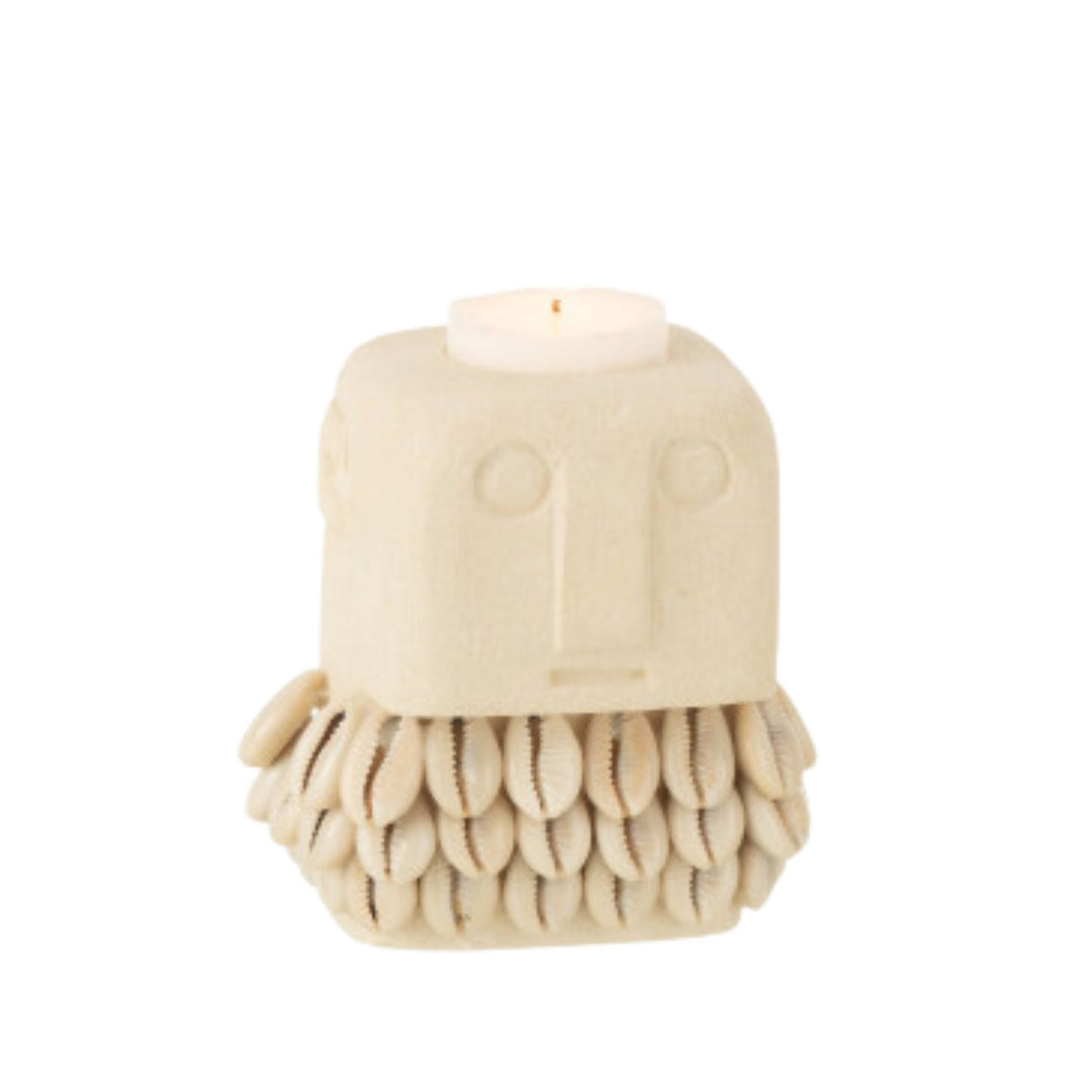 Front view of Zulito candle holder made of stone with natural seashell detailing in soft neutral tones.