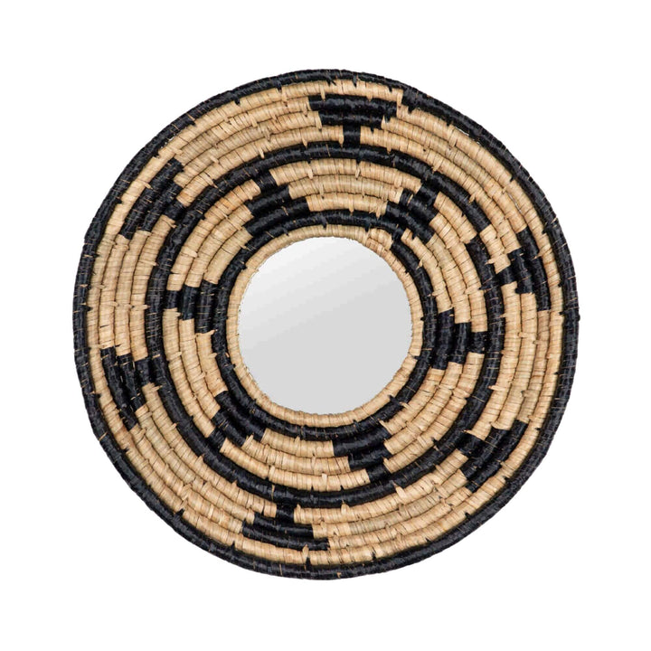 Front view of the Zuri Mirror II with a round handwoven seagrass frame in natural beige and dark contrasting tones