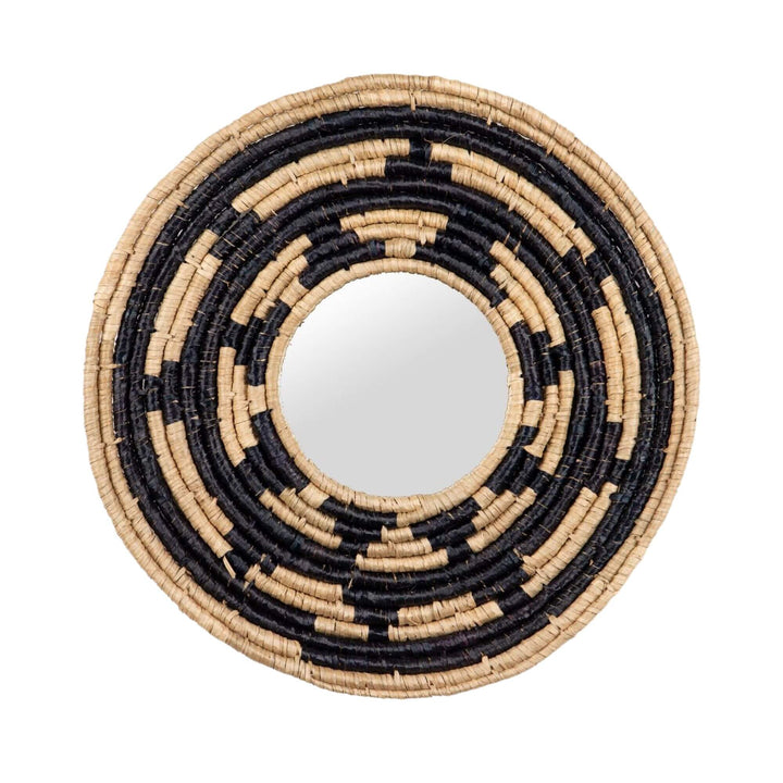 Front view of the Zuri Mirror III with a round handwoven seagrass frame in natural beige and dark contrasting tones