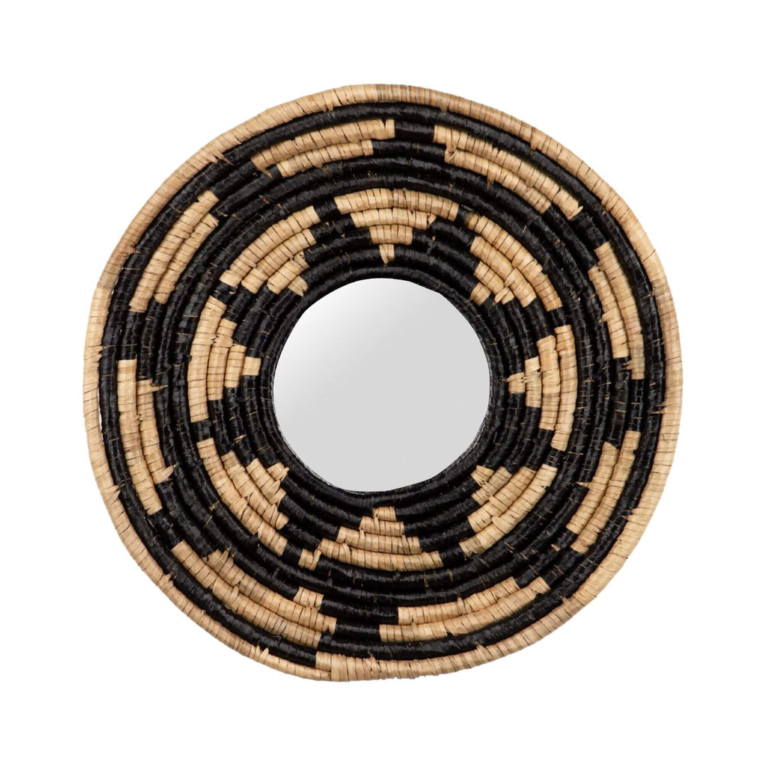 Front view of the Zuri Mirror IV with a round handwoven seagrass frame in natural beige and black tones