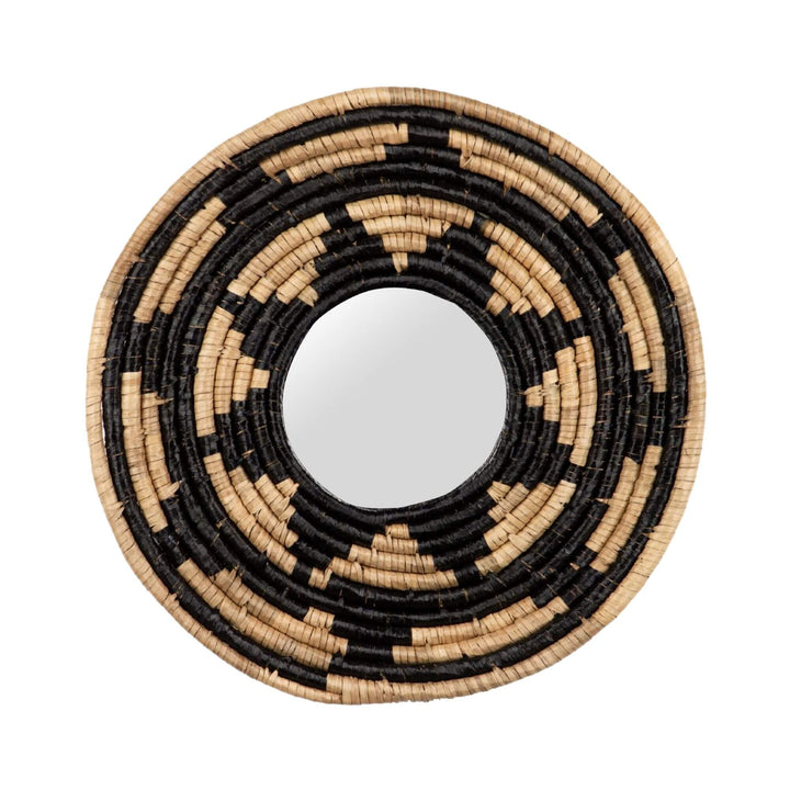 Front view of the Zuri Mirror IV with a round handwoven seagrass frame in natural beige and black tones