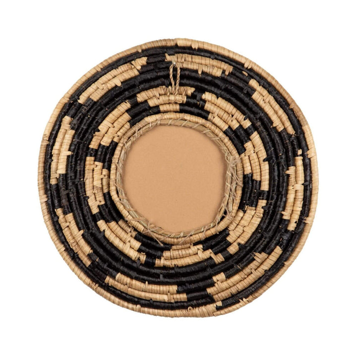 Rear view of the Zuri Mirror IV showing its round woven seagrass construction and mirror backing