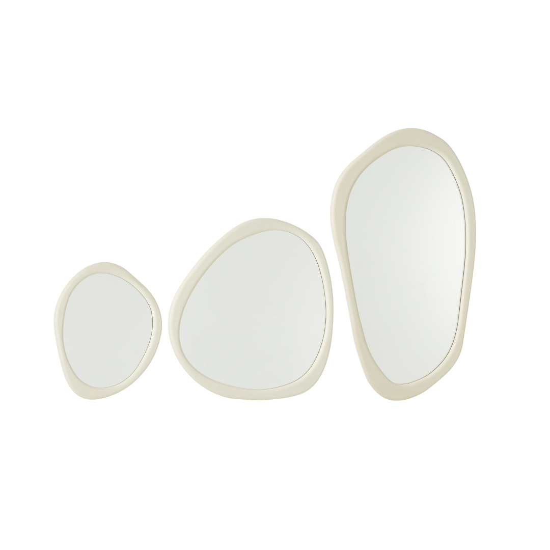 Set of Zahra Wood Mirrors in three organic shapes with natural wood frames.