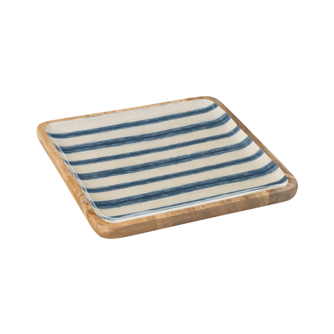 Angled view of the Anaya striped wooden tray.