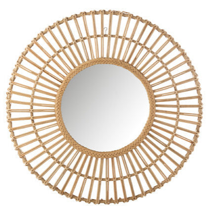 Front view of the 110 cm Banana Mirror made of natural rattan canes.