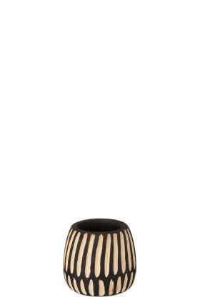 Front view of the Ghana vase showing carved vertical details in reclaimed wood.