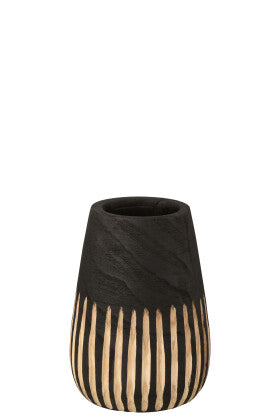 Front view of the Ghana vase showing carved vertical details in reclaimed wood.