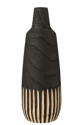 Front view of the Ghana vase showing carved vertical details in reclaimed wood.