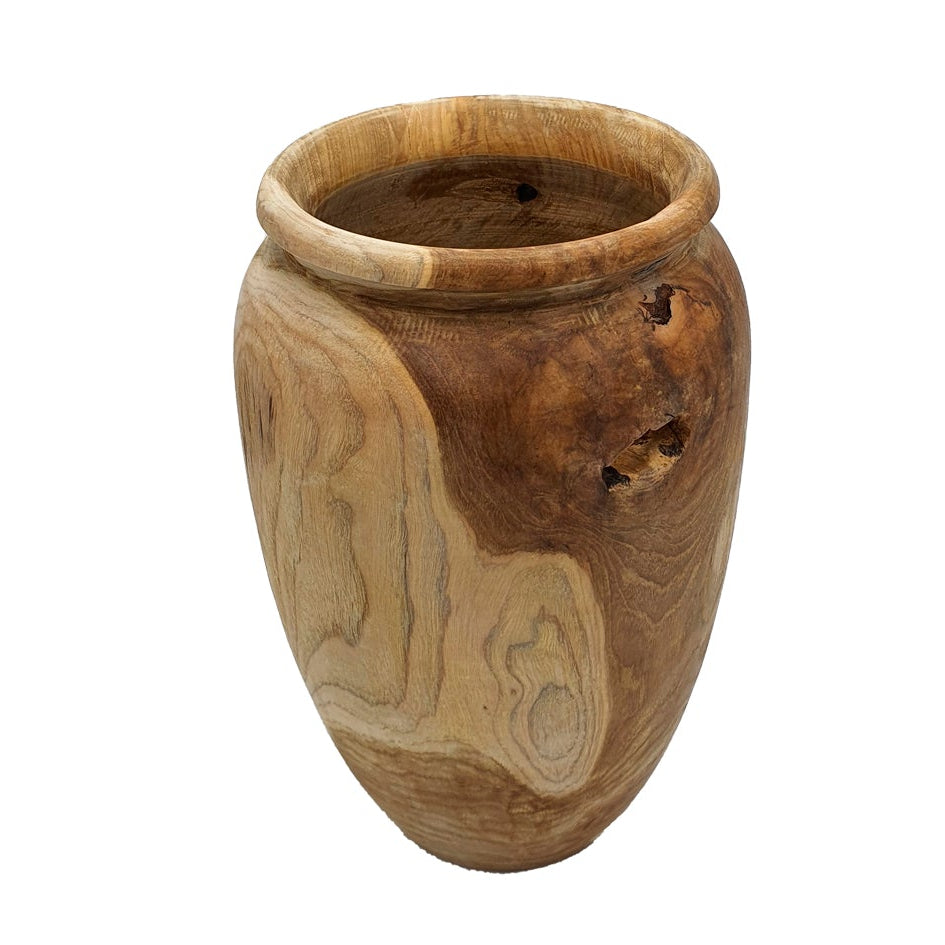 A teak pot with a natural finish, showing the wood's grain and some knots, isolated on a white background.