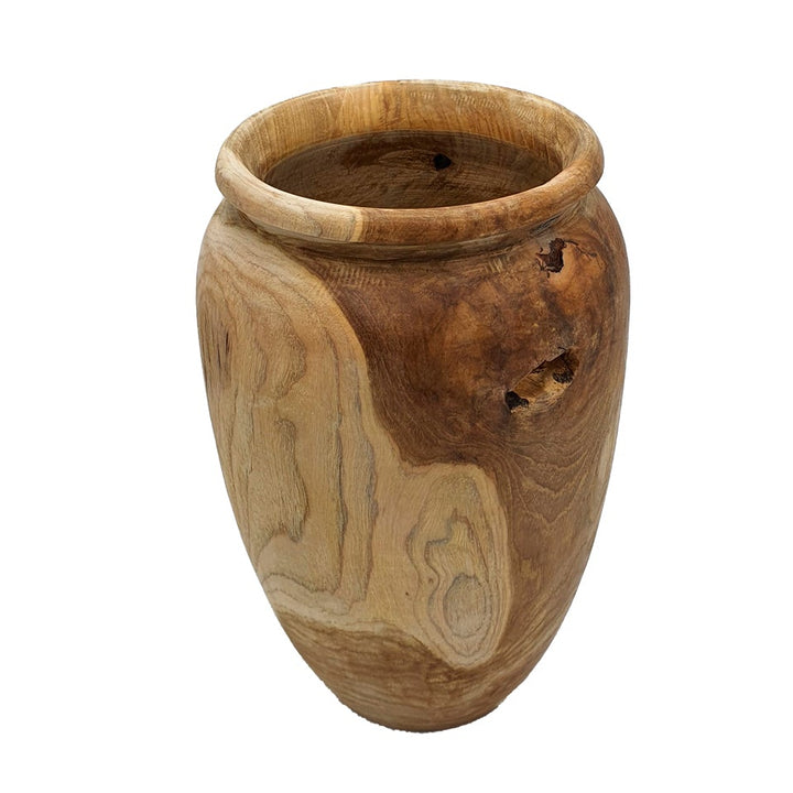 A teak pot with a natural finish, showing the wood's grain and some knots, isolated on a white background.