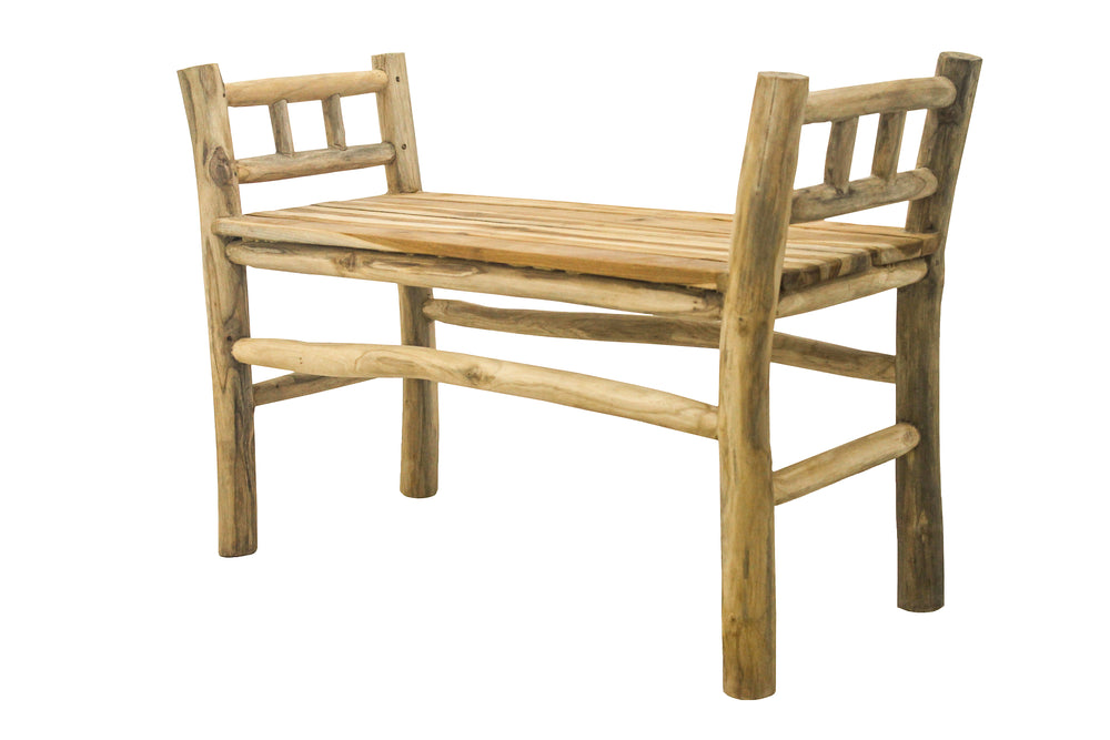 A rustic teak wood bench with a driftwood style finish and visible wood grain, featuring four solid legs.