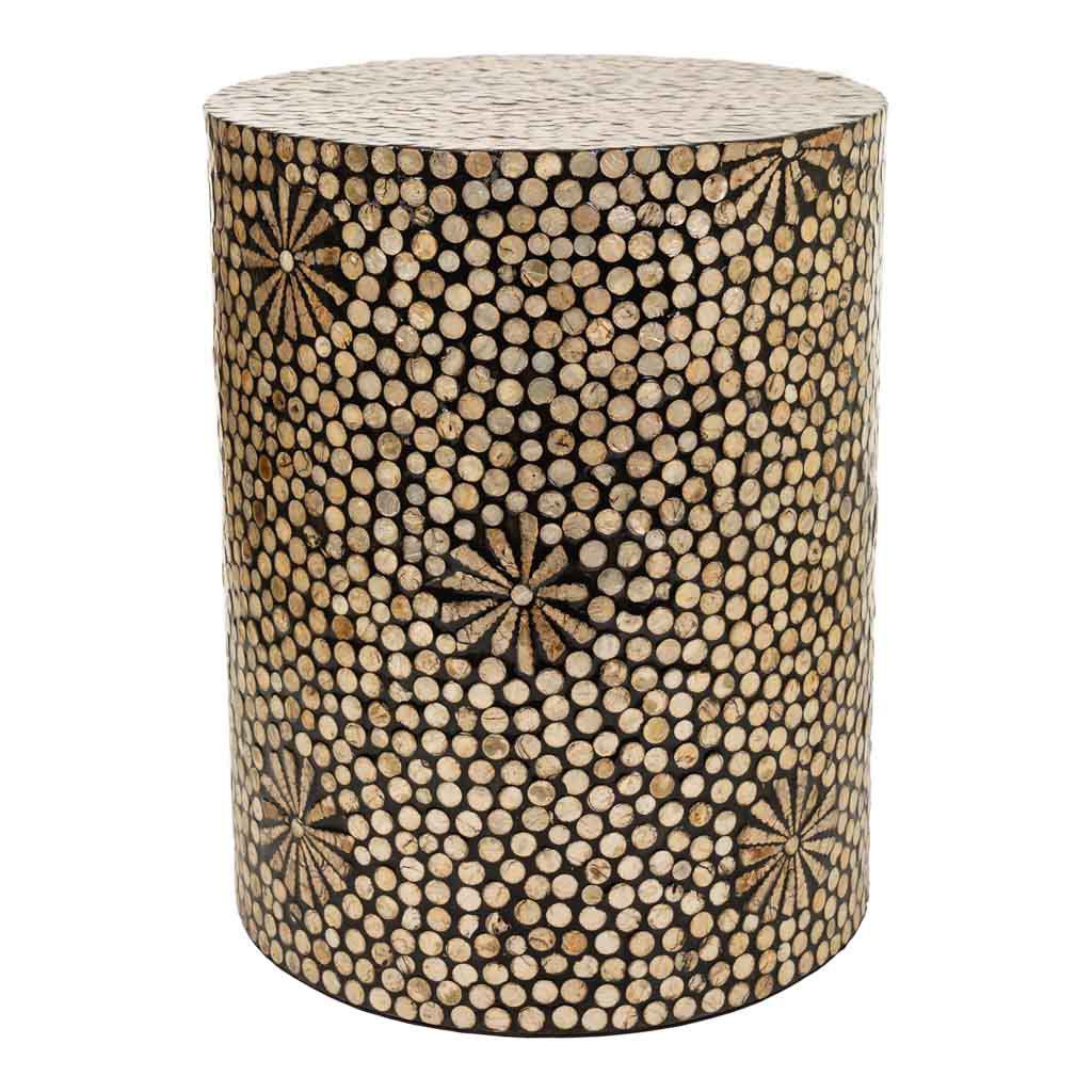 Front view of the Lila stool featuring a cylindrical shape with brown capiz shell inlay pattern.