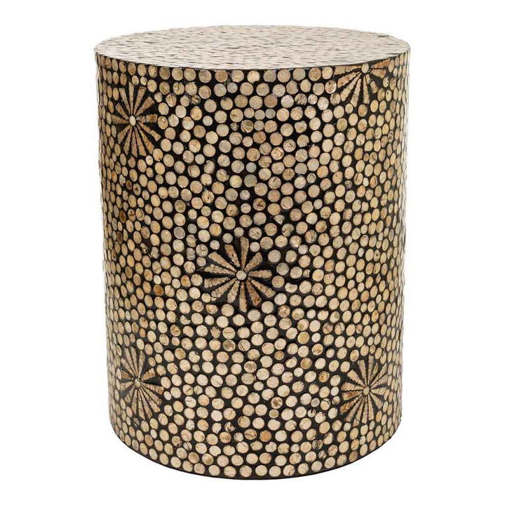 Front view of the Lila stool featuring a cylindrical shape with brown capiz shell inlay pattern.