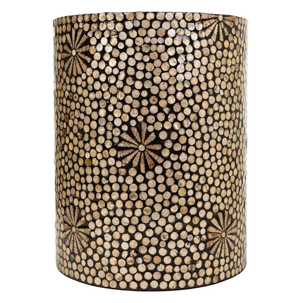 Side view of the Lila stool highlighting the intricate capiz mosaic on reclaimed wood.