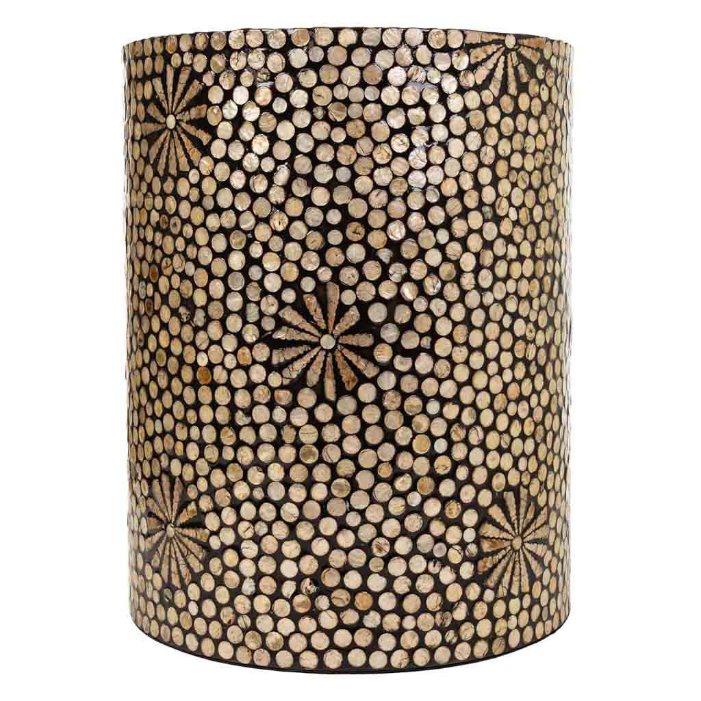 Side view of the Lila stool highlighting the intricate capiz mosaic on reclaimed wood.