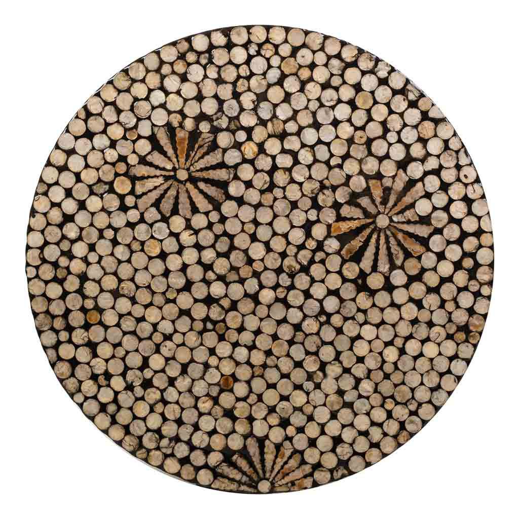 Top view of the Lila stool displaying the circular capiz pattern and handcrafted finish.