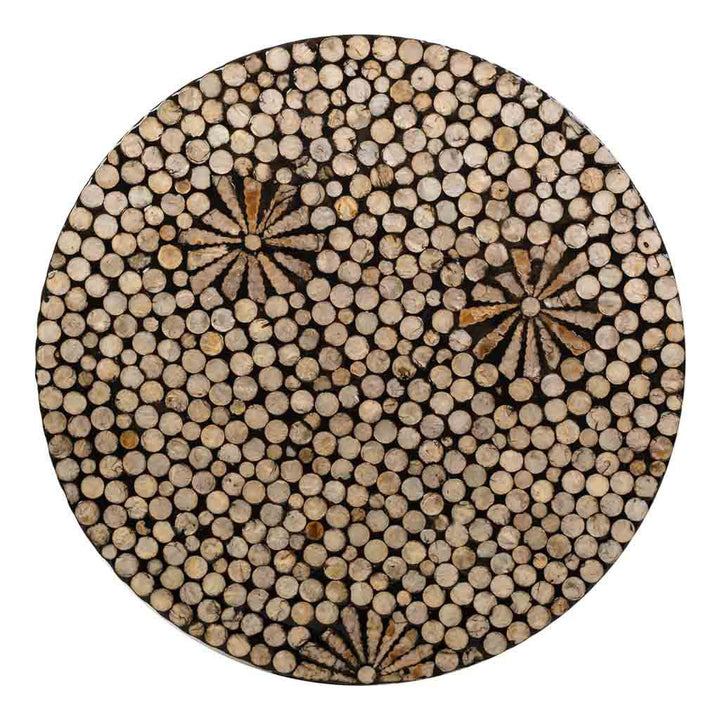 Top view of the Lila stool displaying the circular capiz pattern and handcrafted finish.