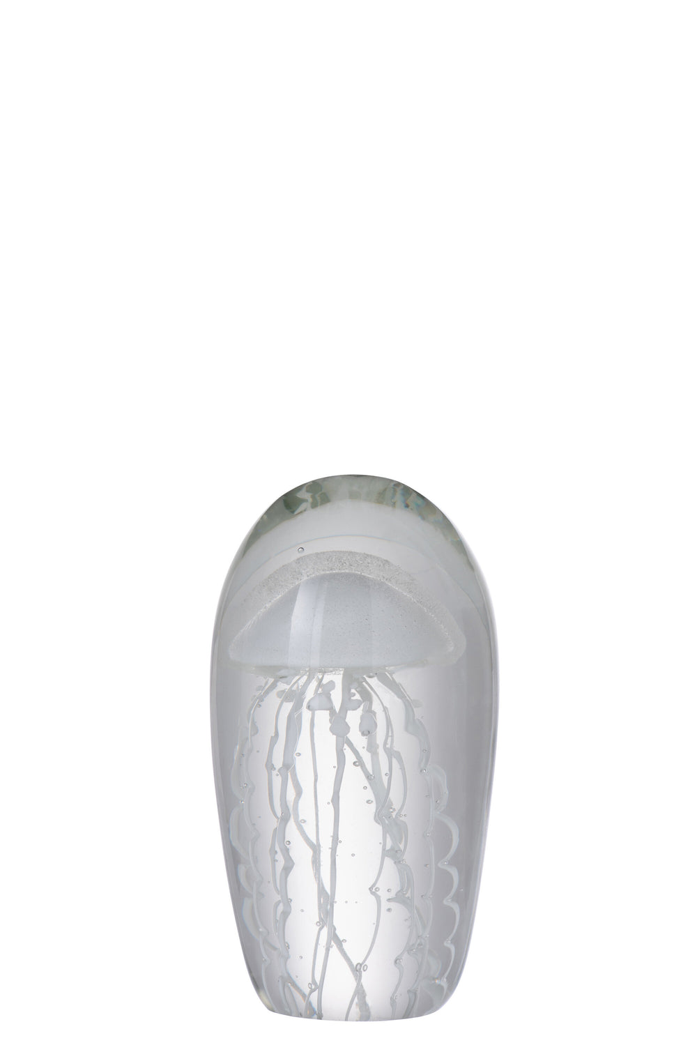 Front view of the Medusa white glass decorative figure with translucent finish.