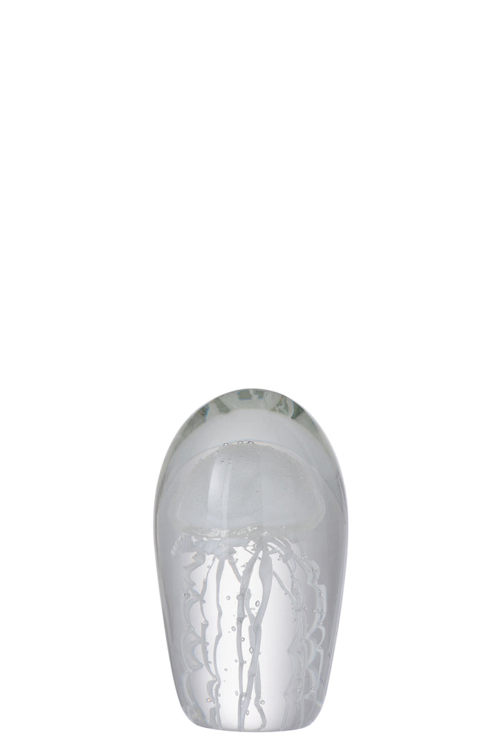 Front view of the Medusa white glass decorative figure with translucent finish.