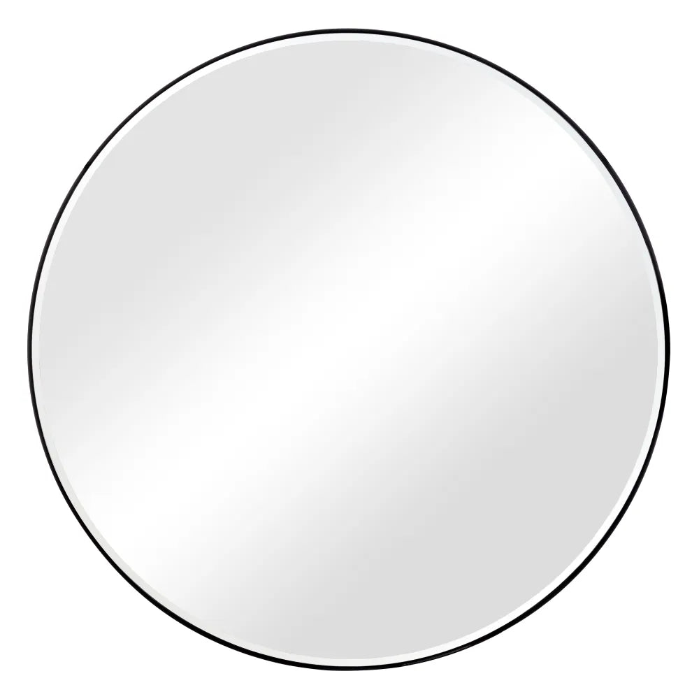Front view of the New York round mirror showing its slim black aluminum frame and clean circular design.