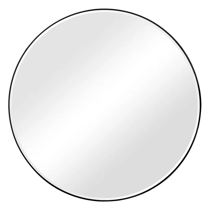 Front view of the New York round mirror showing its slim black aluminum frame and clean circular design.