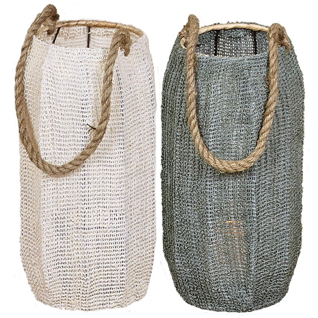 Large Oxana Lantern in natural woven fibers with rope handle.