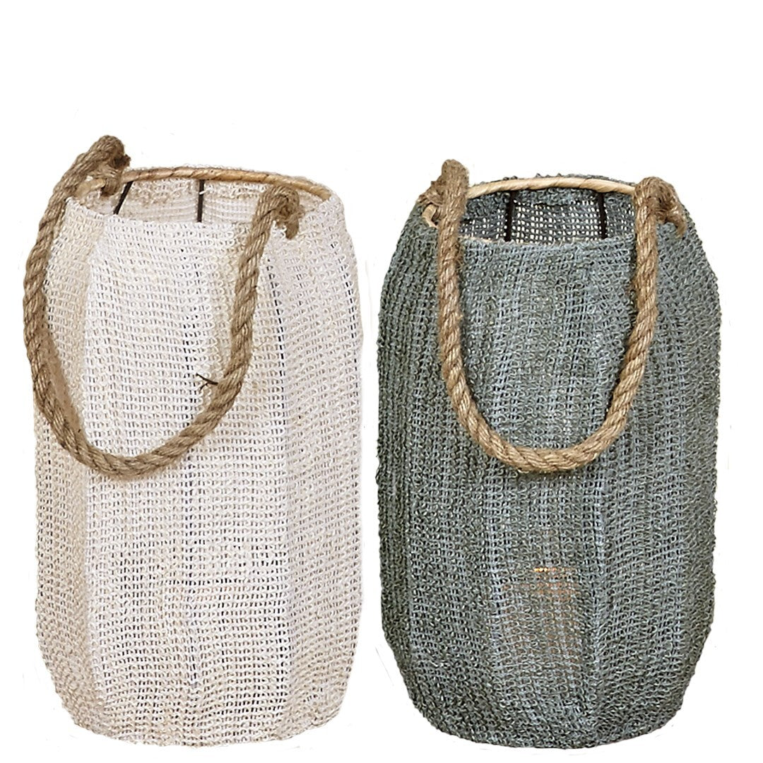 Oxana Lantern in white and green natural fibers with rope handle.