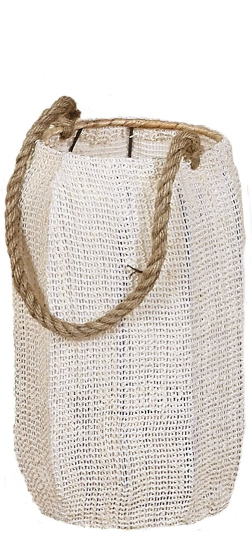 White Oxana Lantern with rustic rope handle.