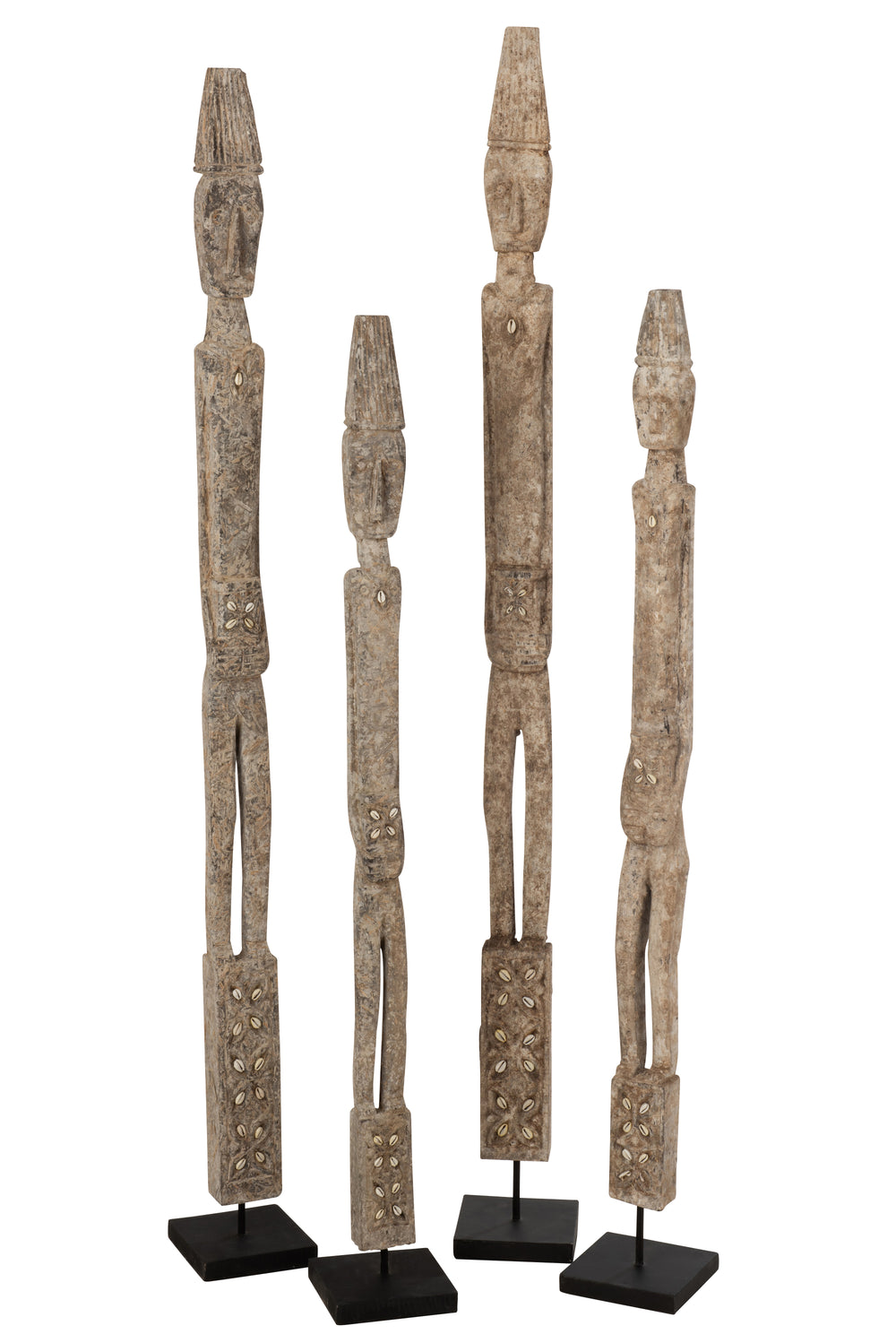 Set of Quitos wooden sculptures displayed together highlighting variations in handcrafted details.