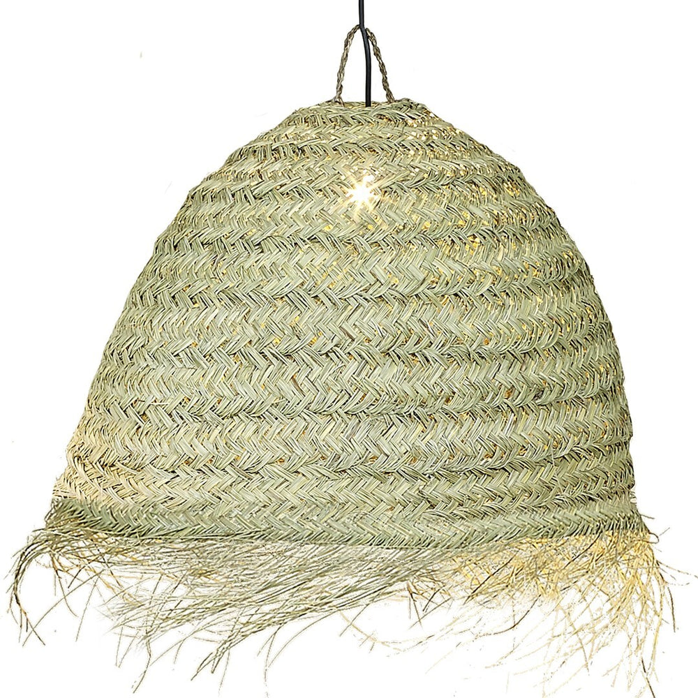 Large Round Coconut seagrass ceiling lamp with fringed dome shade.