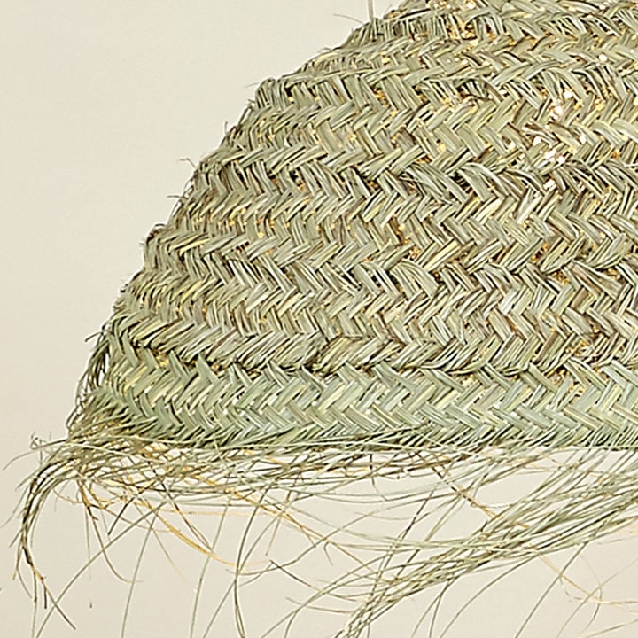 Close-up texture of handwoven seagrass Round Coconut lamp.