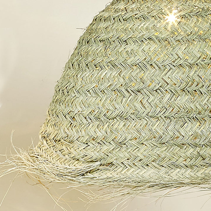 Detail of fringed edge on Round Coconut seagrass pendant.