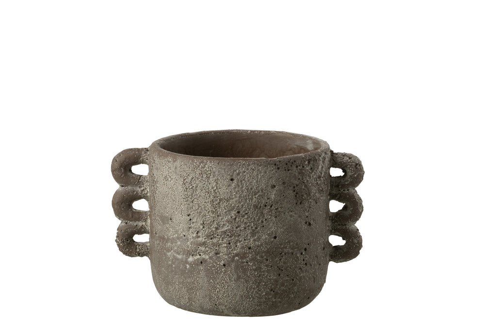 Front view of the brown rustic ceramic pot showing its cylindrical shape and handles.