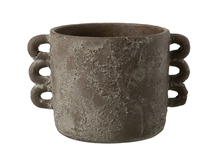 Front view of the brown rustic ceramic pot showing its cylindrical shape and handles.