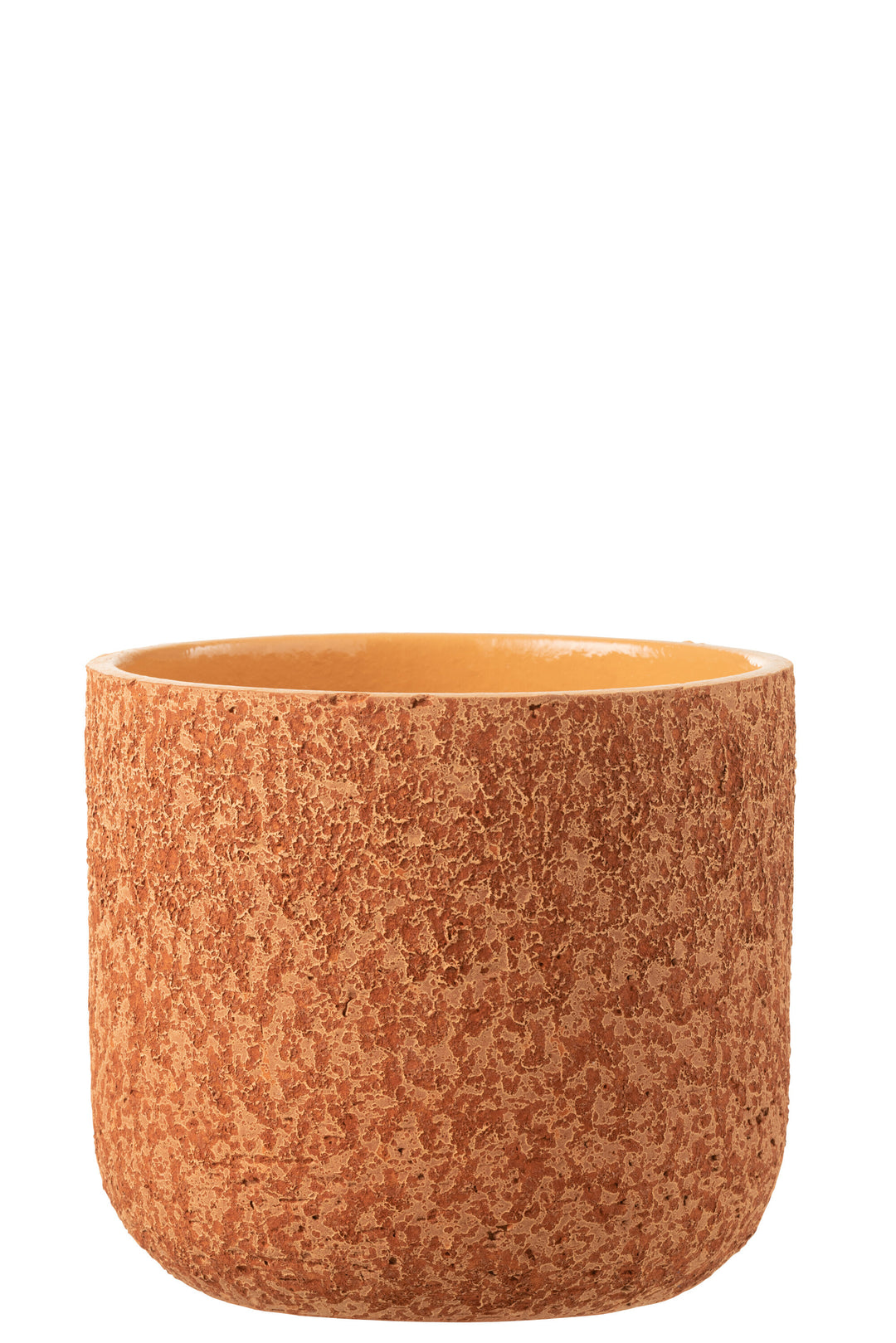 Front view of the orange rustic ceramic pot showing its rounded shape and textured surface.