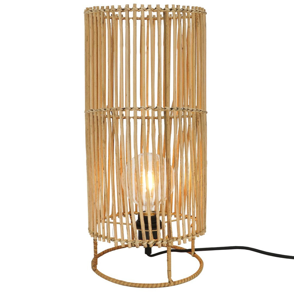 Large Sun Rattan cylindrical table lamp with open weave design.