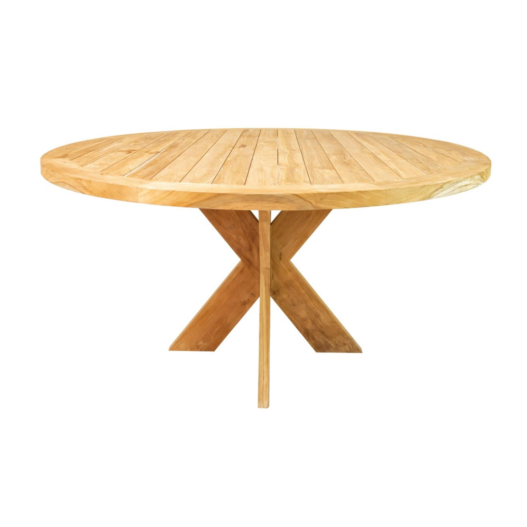 Front view of the Tongariki round dining table in natural teak wood.