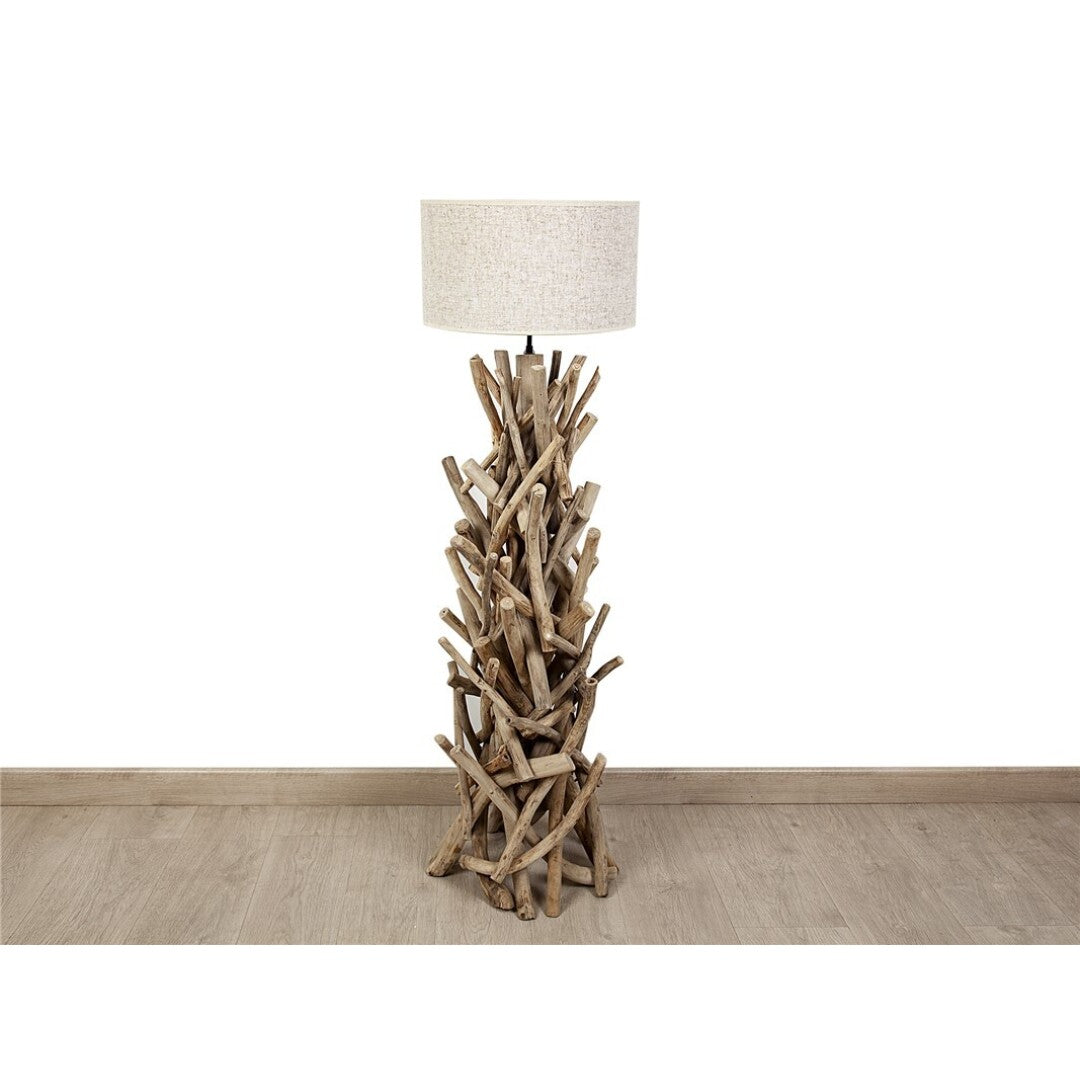Tonga floor lamp with natural teak branch base and fabric shade.