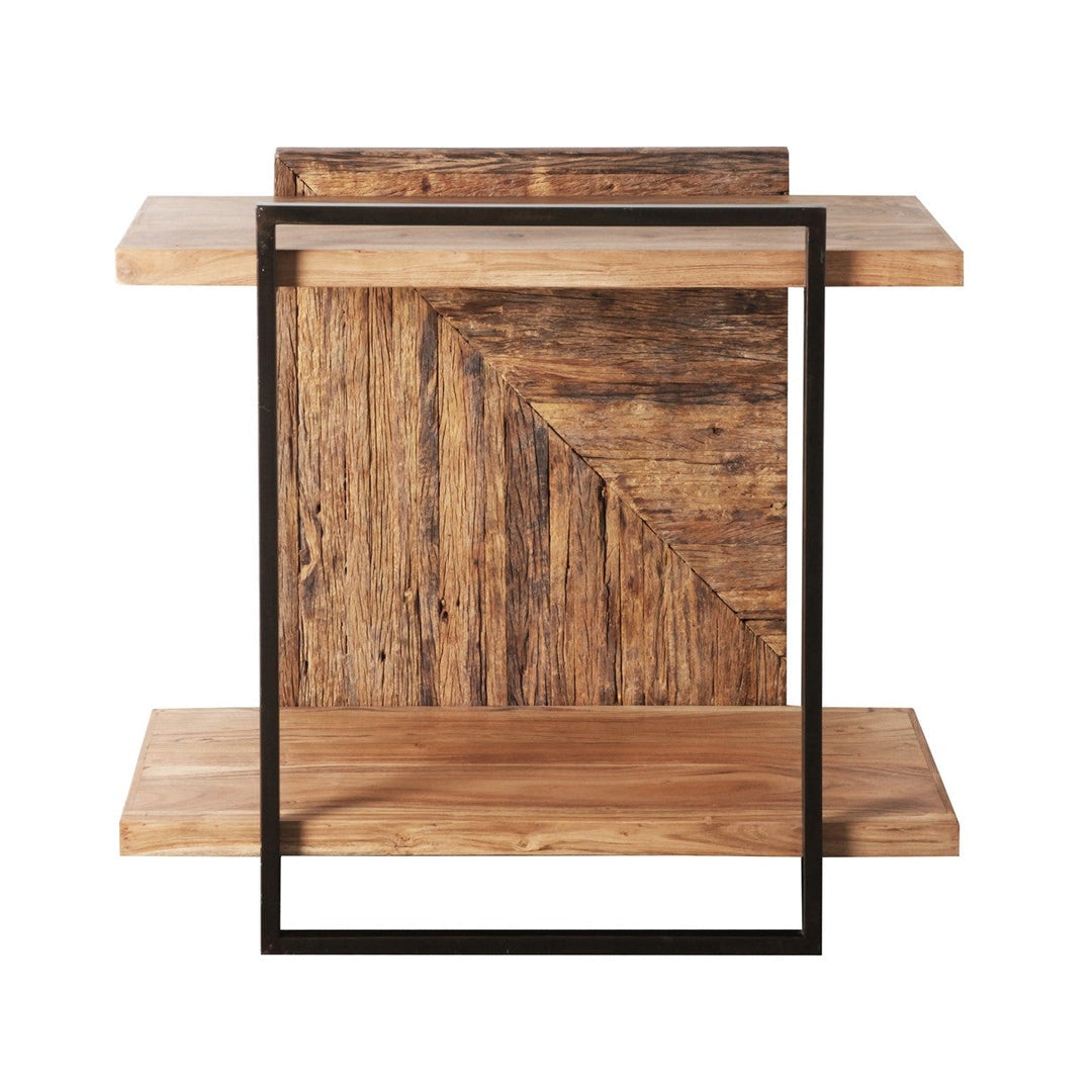 Front view of the Train Collection Console showcasing acacia wood and black iron frame.