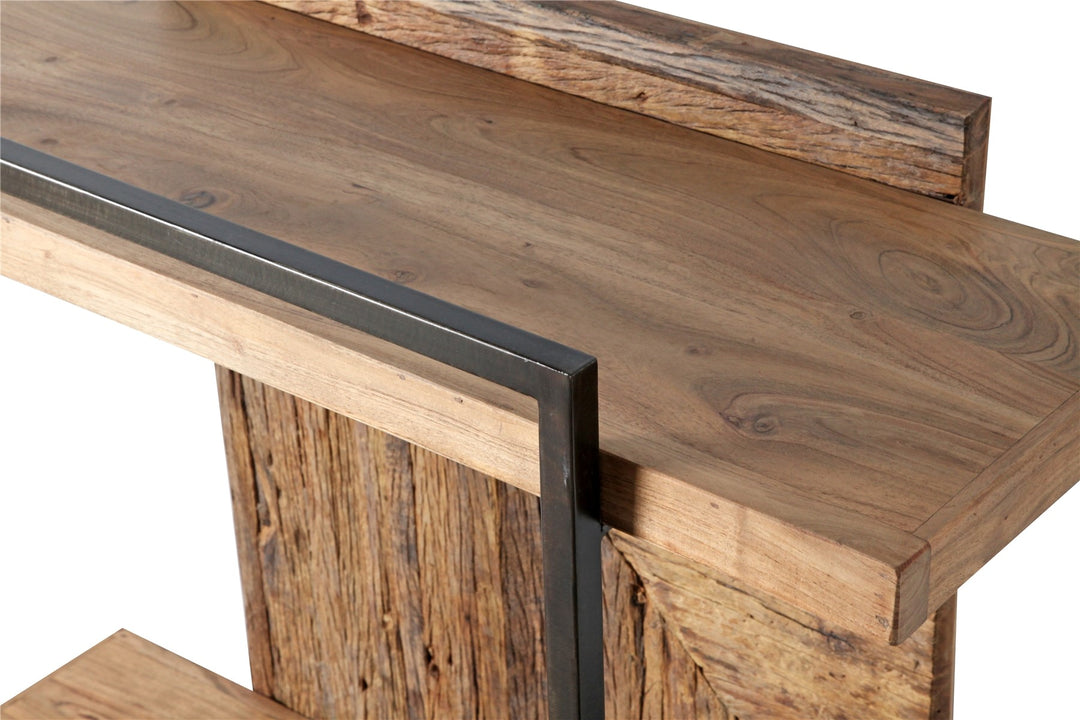 Close-up of the acacia wood surface and iron detailing of the console.