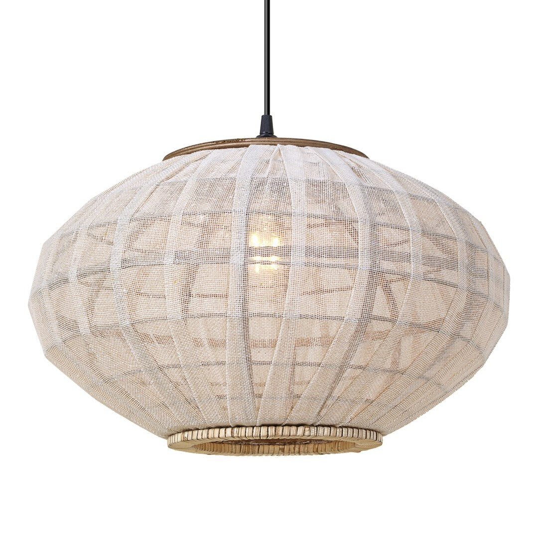 White Farol Ceiling Lamp with cotton fabric and wooden frame.