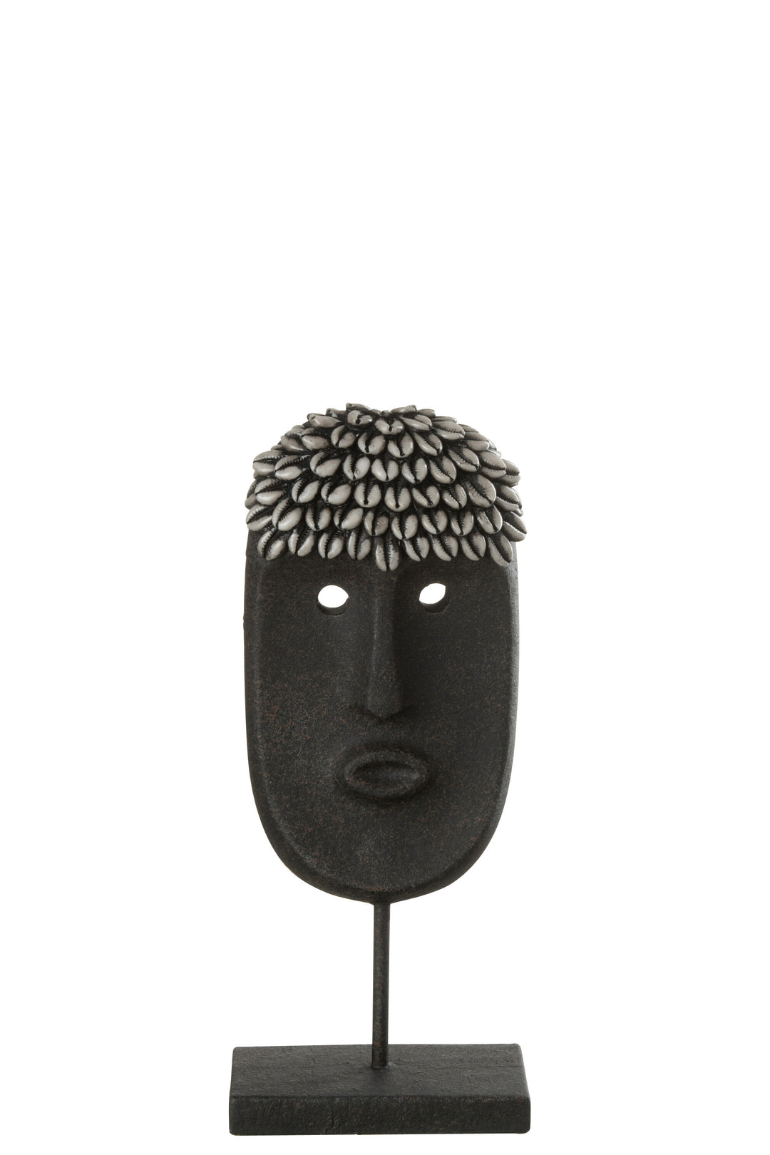 Zulu stand decorative sculpture made from wood with elongated tribal face design in dark tones.
