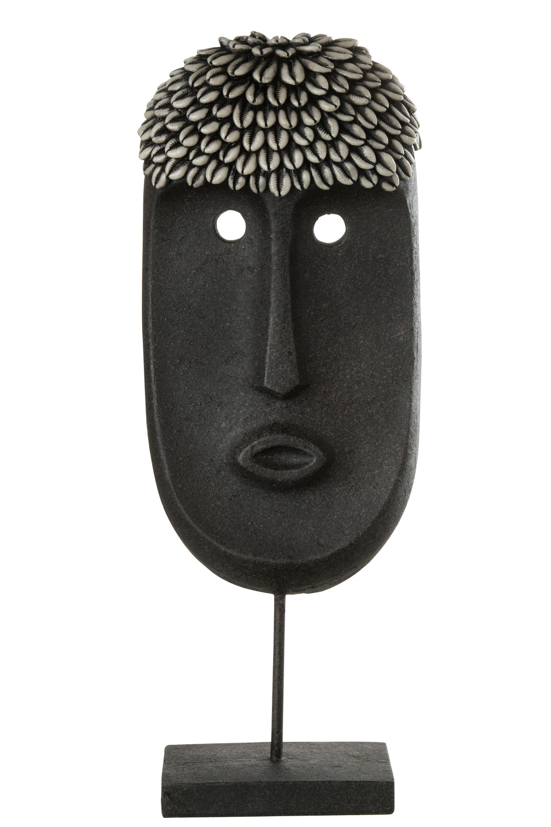 Zulu stand decorative sculpture made from wood with elongated tribal face design in dark tones.
